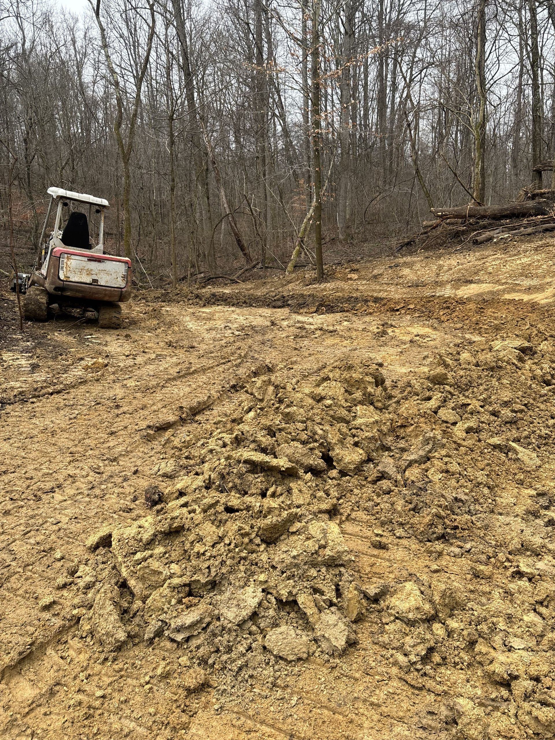 Mud-covered off-road vehicle on a wooded trail beside a steep dirt slope