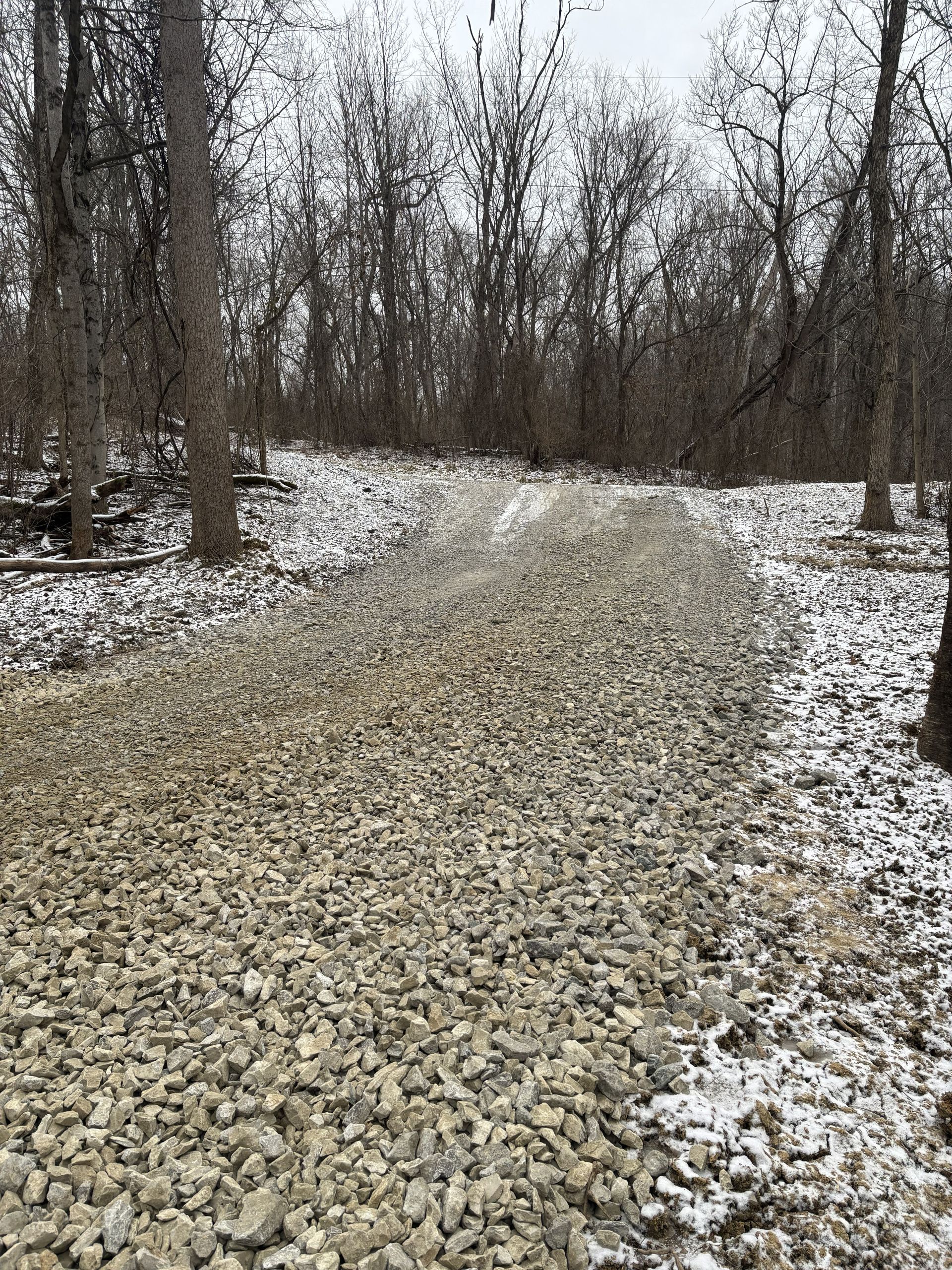 Gravel path winding through a leafless winter forest with patches of snow