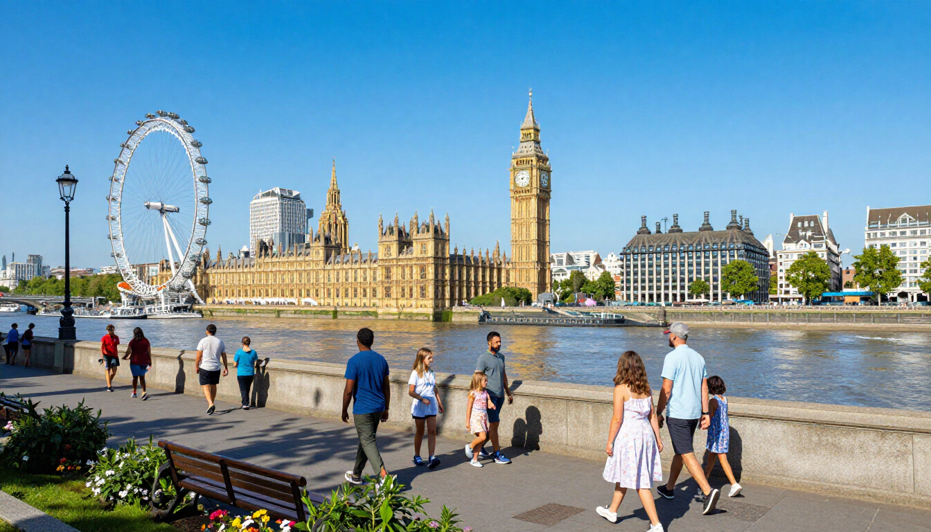 Families enjoying a sunny summer day in London near the River Thames.
