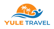 Yule Travel logo with orange sun, blue waves, palm trees, and stylized blue figure