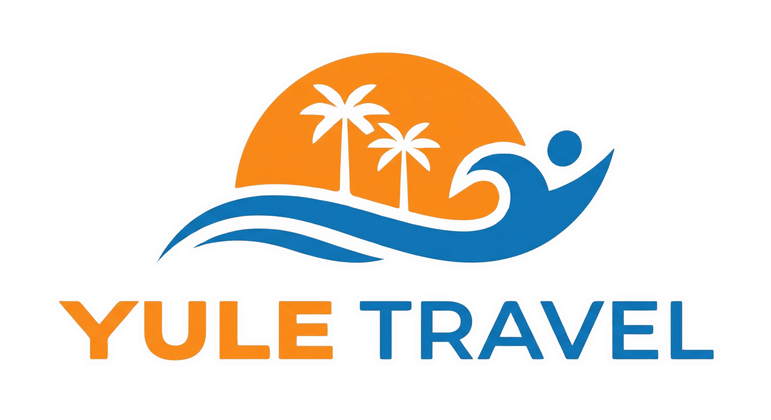 Yule Travel logo with orange sun, blue waves, palm trees, and stylized blue figure