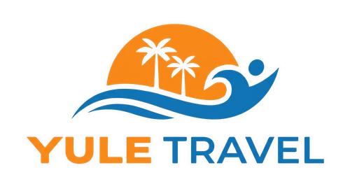 Yule Travel logo with orange sun, blue waves, palm trees, and stylized blue figure