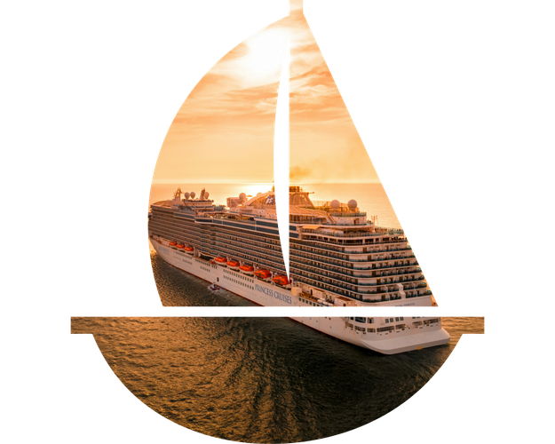 Stylized sailboat silhouette with a cruise ship at sunset over orange water