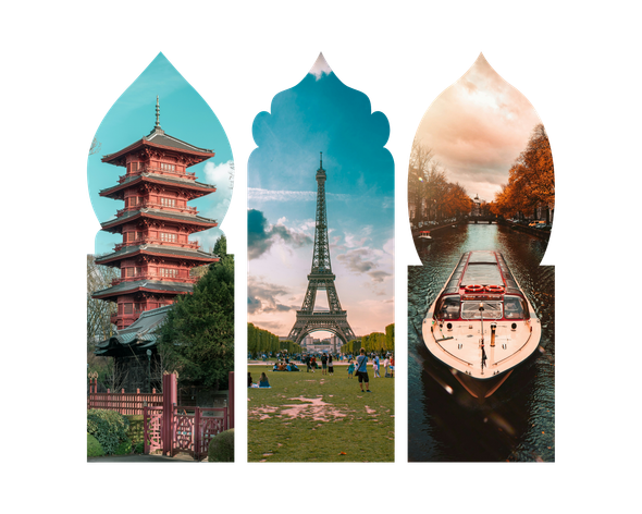 Collage of three travel scenes: pagoda, Eiffel Tower, and boat on a canal at sunset