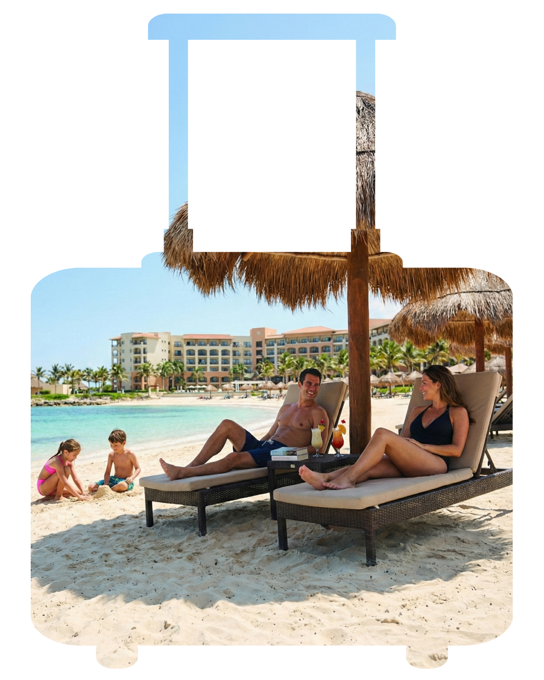 People relaxing on beach loungers under a thatched shade at a resort beach.