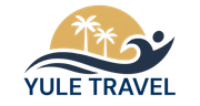 Yule Travel logo with palm trees, sun, waves, and a blue traveler figure