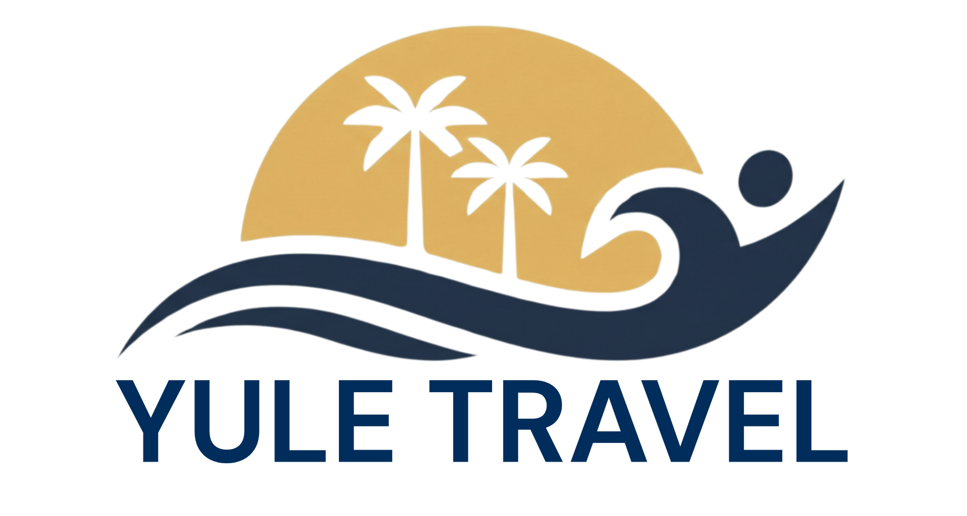 Yule Travel logo with palm trees, sun, waves, and a blue traveler figure