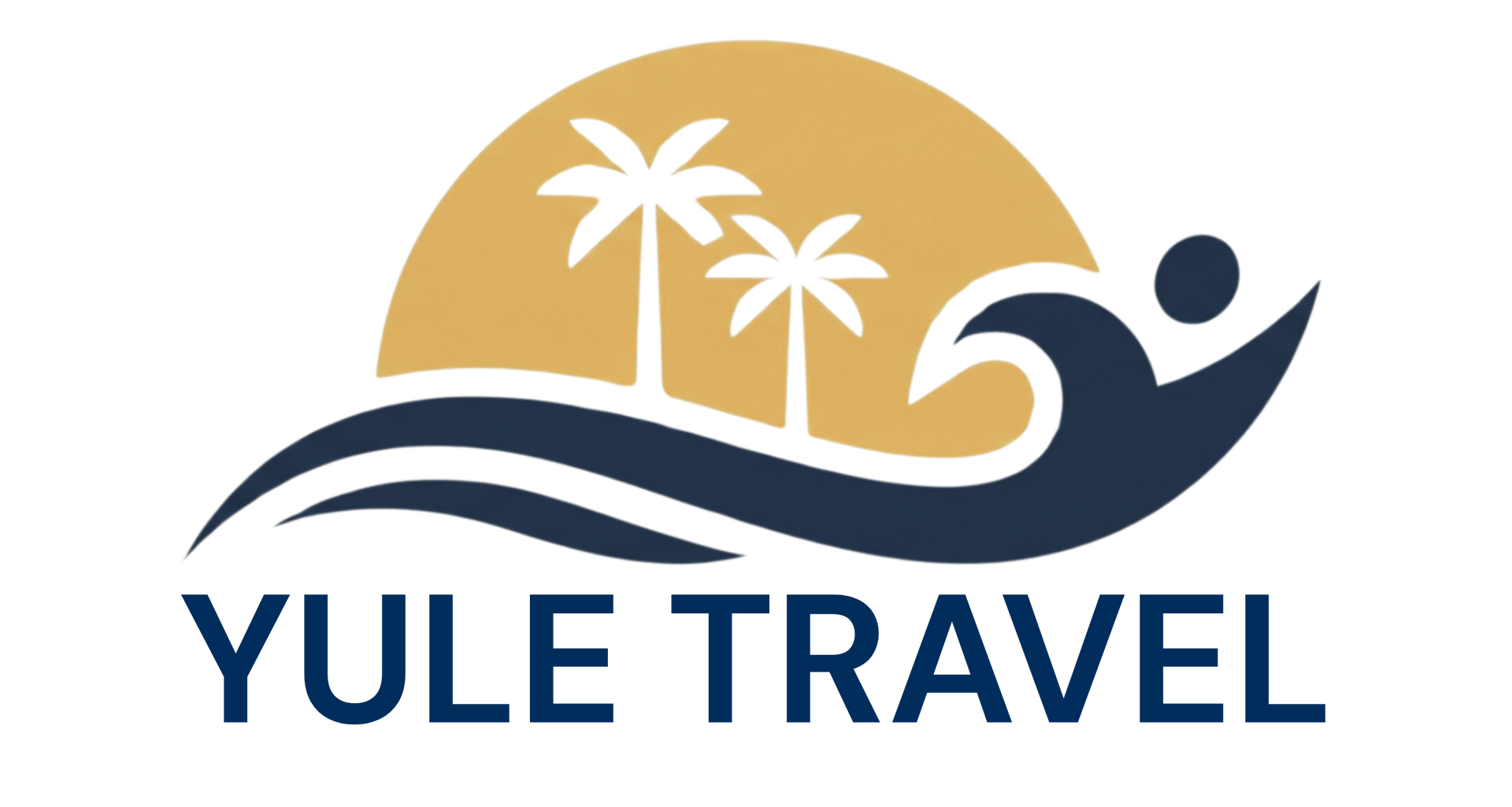 Yule Travel logo with orange sun, blue waves, palm trees, and stylized blue figure