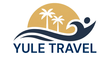 Yule Travel logo with orange sun, blue waves, palm trees, and stylized blue figure