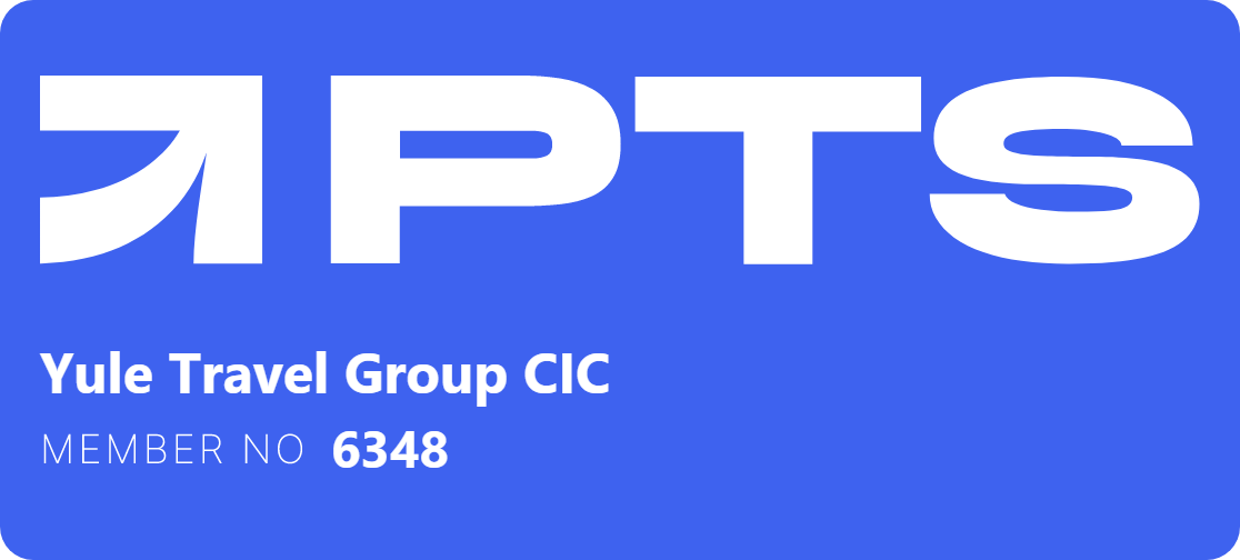 PTS logo on a blue card with Yule Travel Group CIC and code 6348