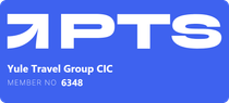 PTS logo on a blue card with Yule Travel Group CIC and code 6348
