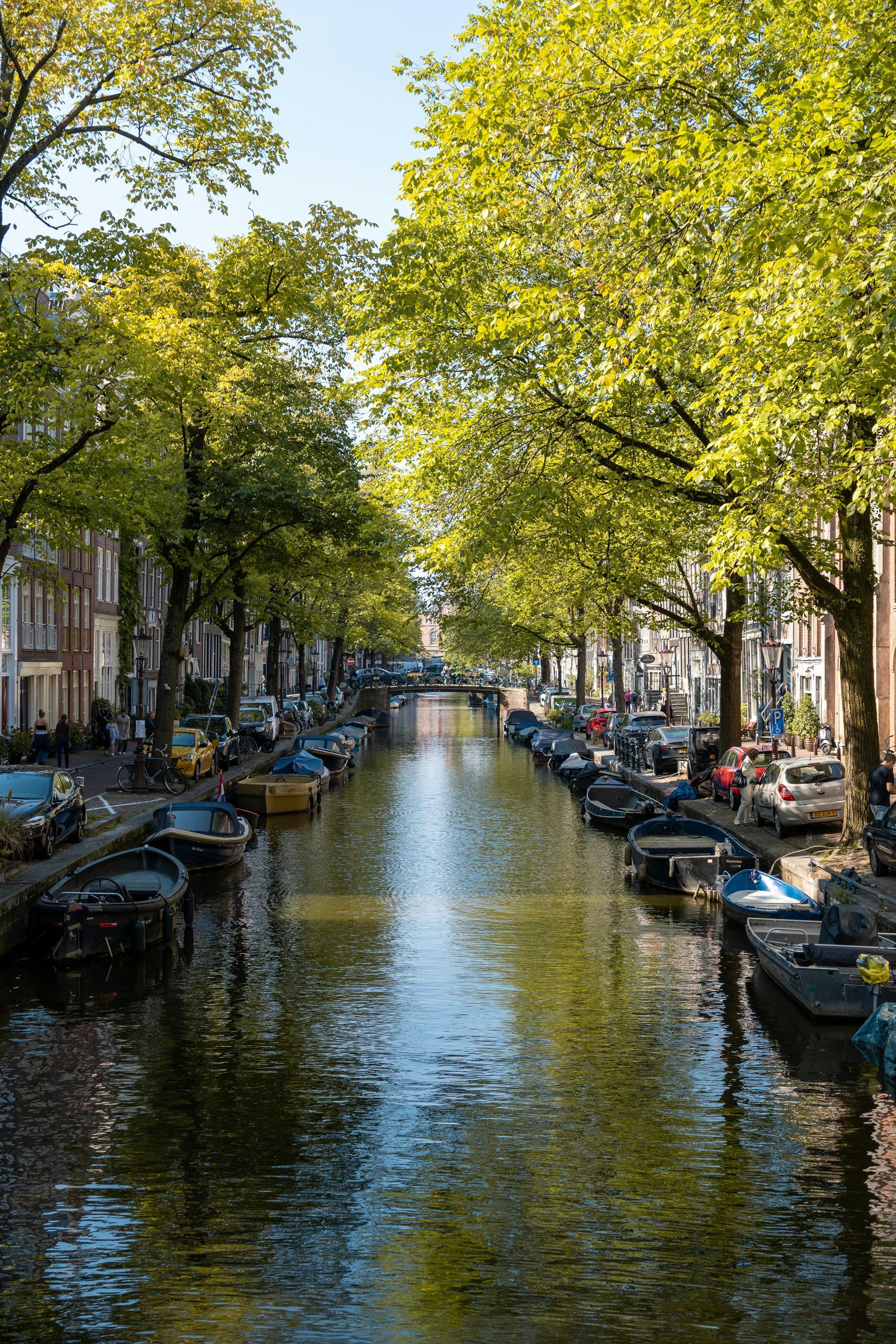 Canal lined with trees and moored boats in a sunlit city neighborhood