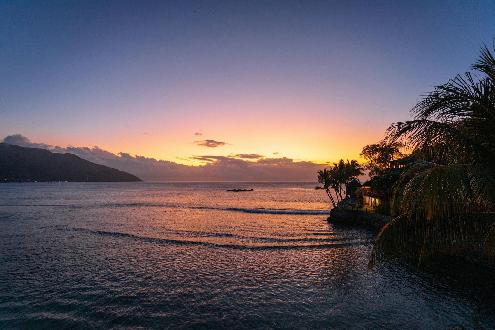 Sunset over calm ocean with silhouetted shoreline and palm trees, pink and orange sky