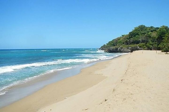 Sandy beach with blue ocean under a clear sky. Lush, green hill in the background.