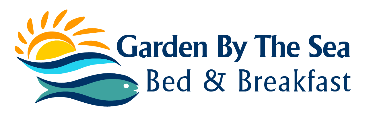 Logo of Garden By The Sea Bed & Breakfast, with sun, waves, and a fish.