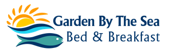 Logo of Garden By The Sea Bed & Breakfast, with sun, waves, and a fish.