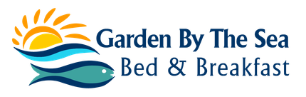 Logo of Garden By The Sea Bed & Breakfast, with sun, waves, and a fish.
