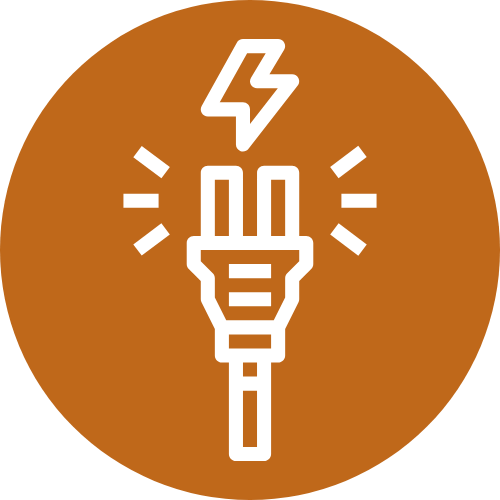 White line icon of an electric plug with a lightning bolt above it, centered on a solid orange circle.
