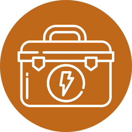 White line art icon of an electrical toolbox inside a brown circle.