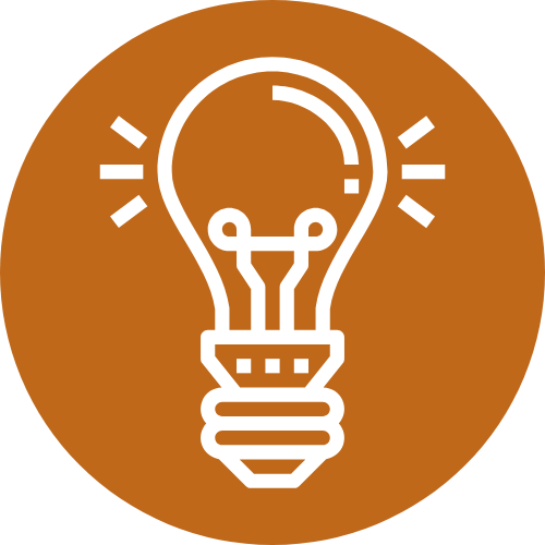 A white outline icon of a glowing lightbulb centered on a solid orange circle.