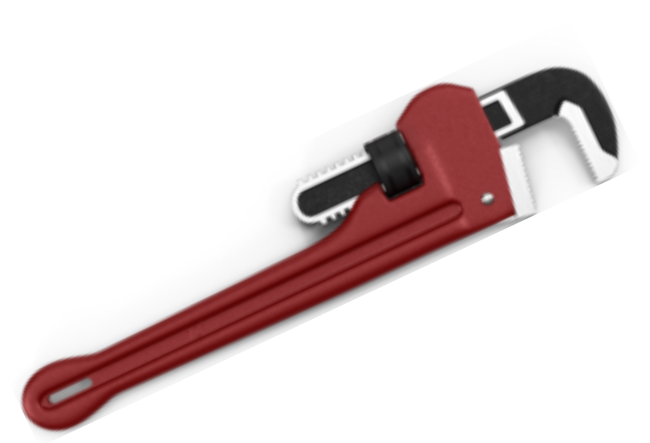 A red heavy-duty pipe wrench shown at a diagonal angle against a white background.