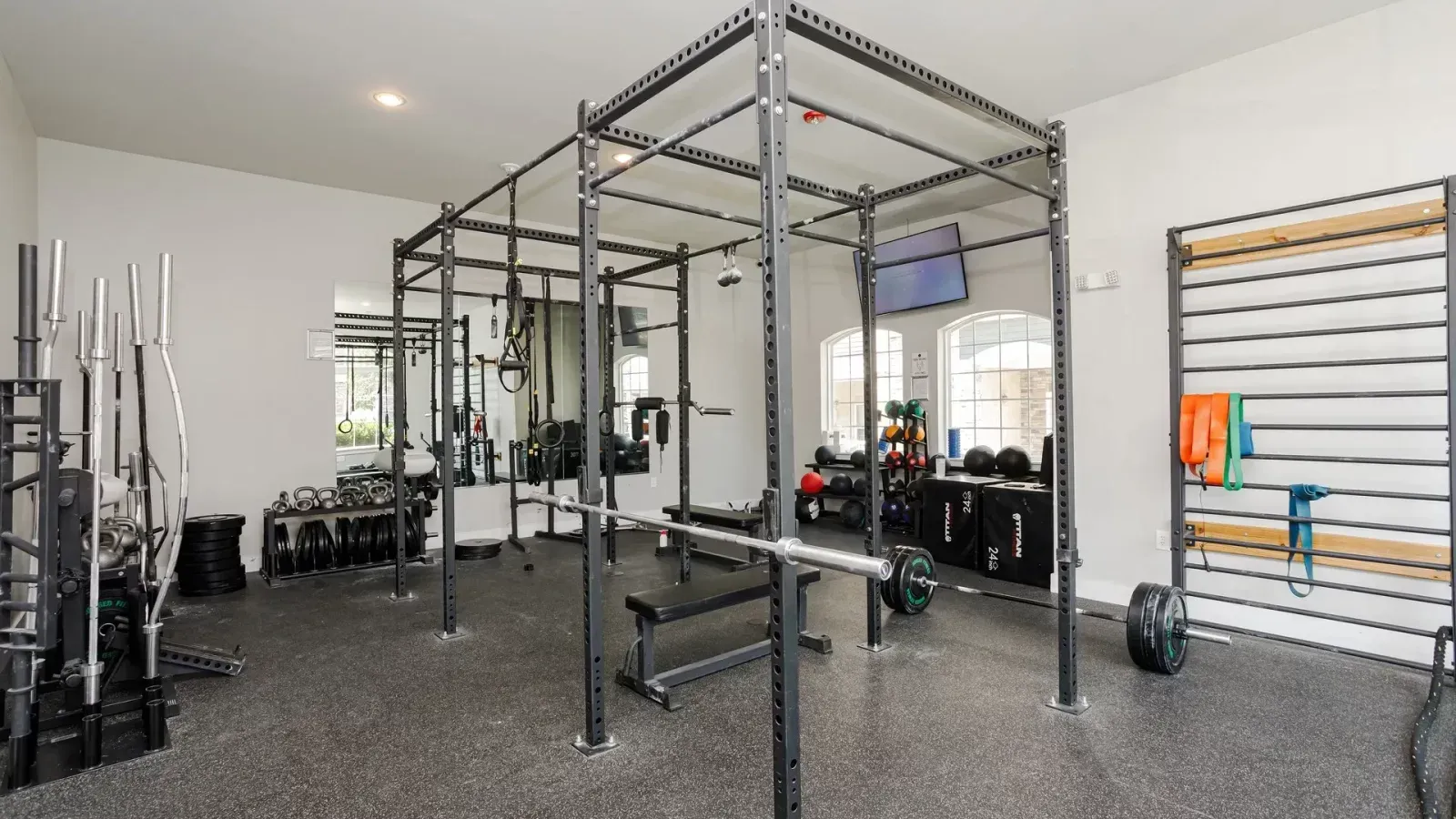 Modern gym interior with a black metal pull-up rig, weights, mirrors, and wall-mounted equipment