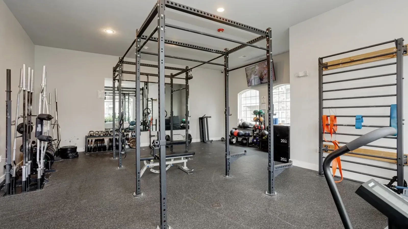 Bright gym interior with squat rack, weight benches, and exercise equipment on gray flooring