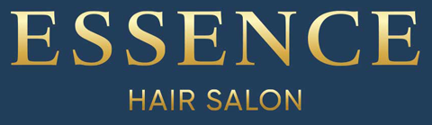 ESSENCE Hair Salon logo with gold text on a dark blue background