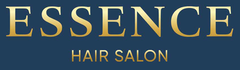 ESSENCE Hair Salon logo with gold text on a dark blue background