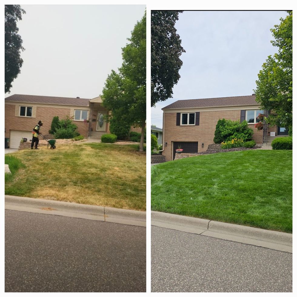 A before and after picture of a lawn being mowed in front of a house.