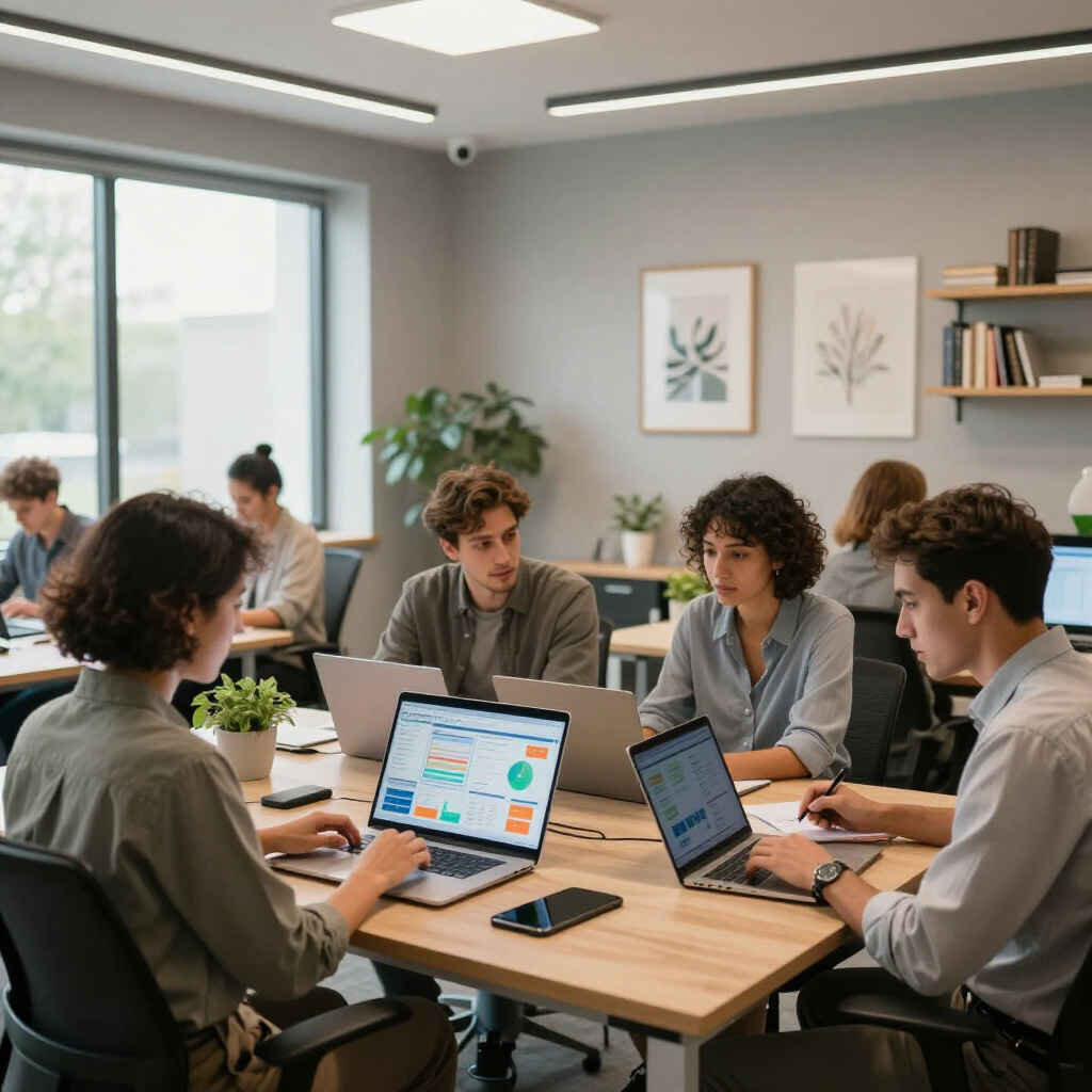 Personas colaborando alrededor de sus computadoras portátiles en una luminosa sala de reuniones de oficina moderna.