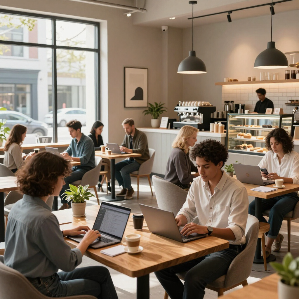 Gente trabajando con sus portátiles en una cafetería luminosa con grandes ventanales y lámparas colgantes.