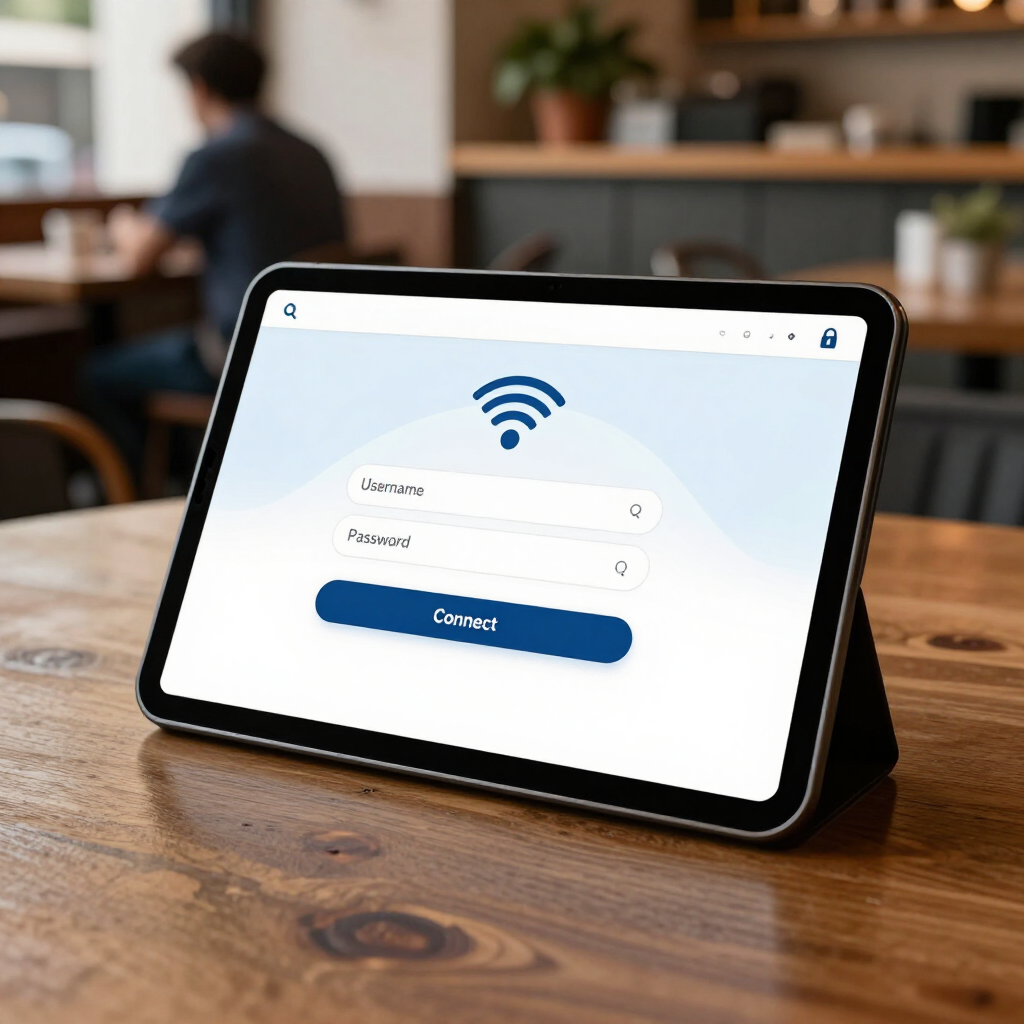 Tableta sobre una mesa de madera que muestra la pantalla de inicio de sesión Wi-Fi en una cafetería.