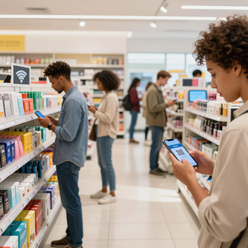 Clientes hojeando libros y usando sus teléfonos en un pasillo luminoso de una librería.