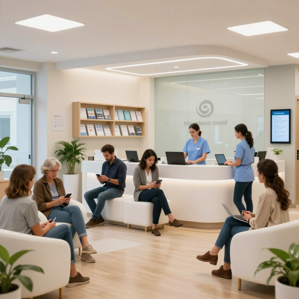 Moderna sala de espera de la clínica con pacientes sentados y personal en una luminosa recepción.