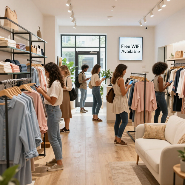Tienda de ropa luminosa con clientes mirando los estantes y un cartel de 