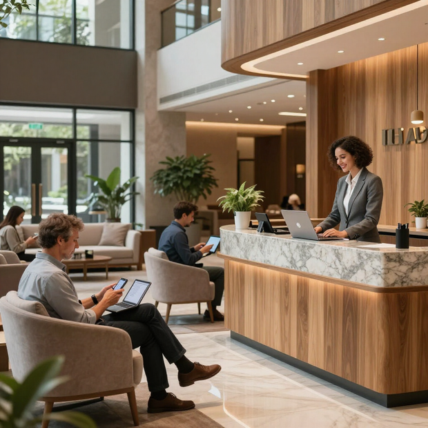 Vestíbulo de hotel moderno con huéspedes sentados y una recepcionista en una recepción de mármol.