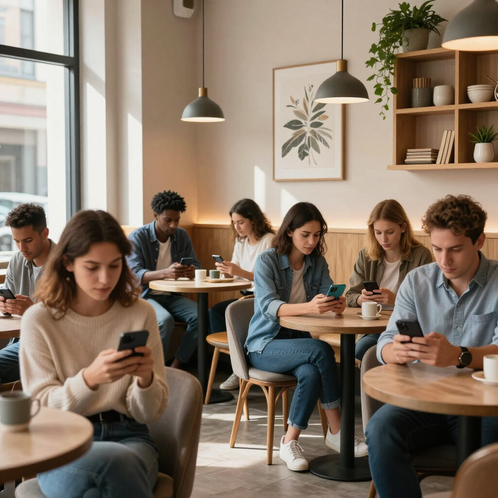 Gente sentada en mesas de café, todos mirando sus teléfonos en una cafetería moderna y acogedora.