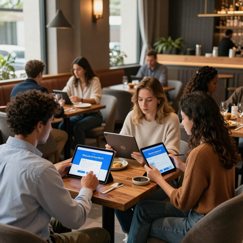 Gente trabajando en portátiles y tabletas en una acogedora cafetería con mesas de madera y luz cálida.