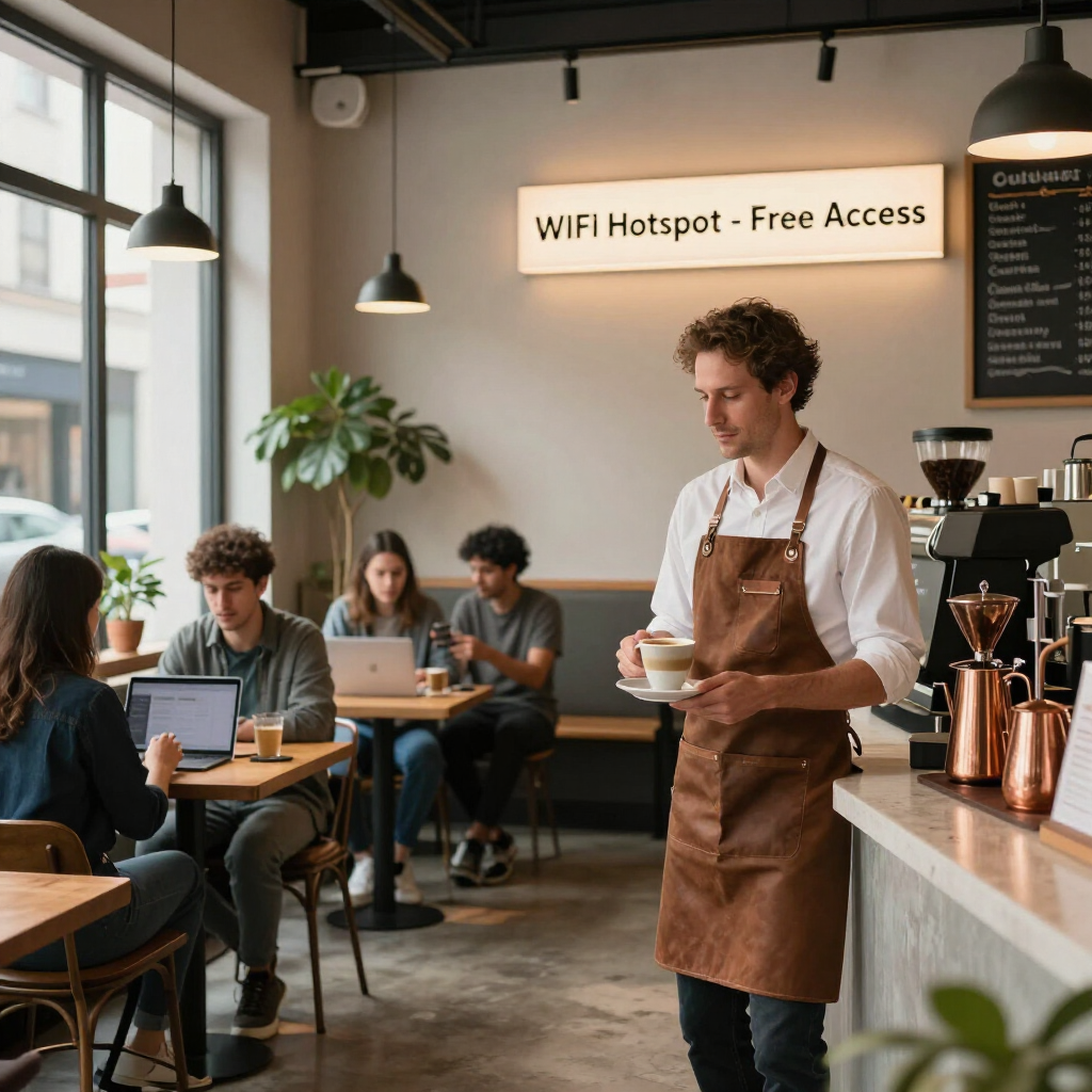 Un barista atiende a los clientes en una acogedora cafetería con ordenadores portátiles y un cartel de Wi-Fi.