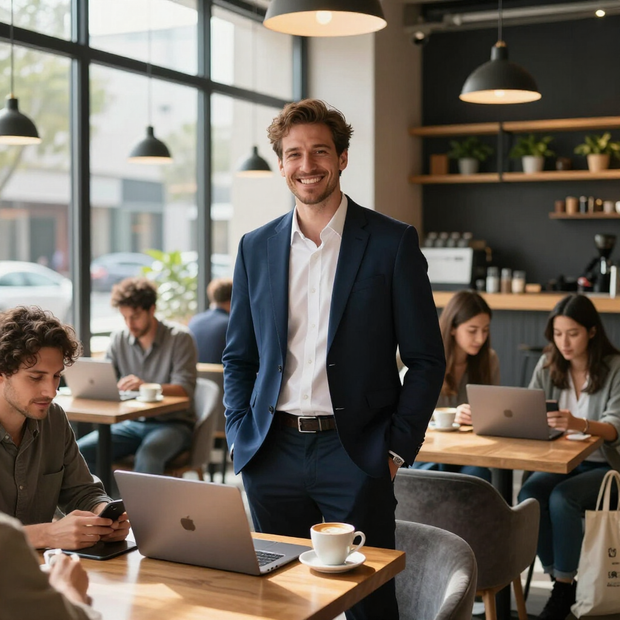 Un hombre sonriente con traje está de pie en una moderna cafetería de coworking con gente trabajando en sus portátiles cerca.