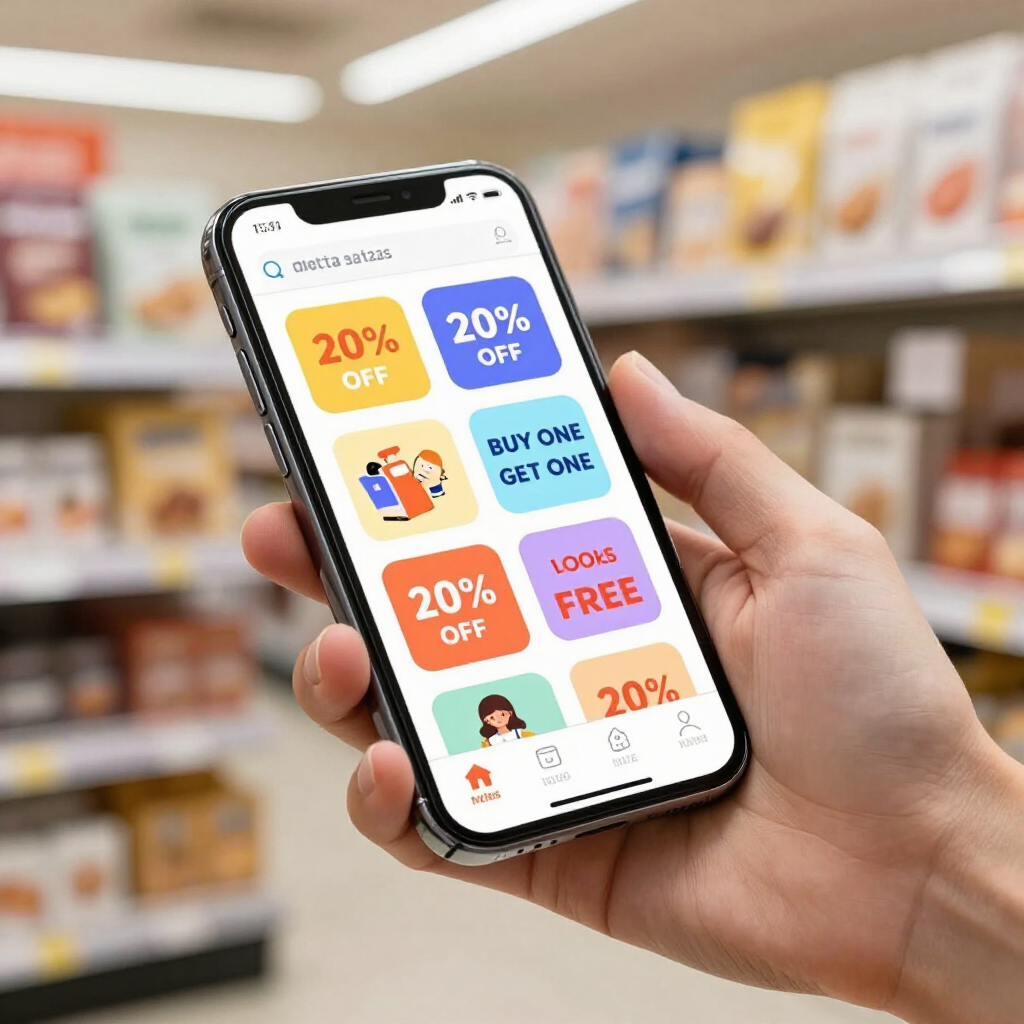Smartphone mostrando coloridos descuentos en el pasillo de un supermercado.