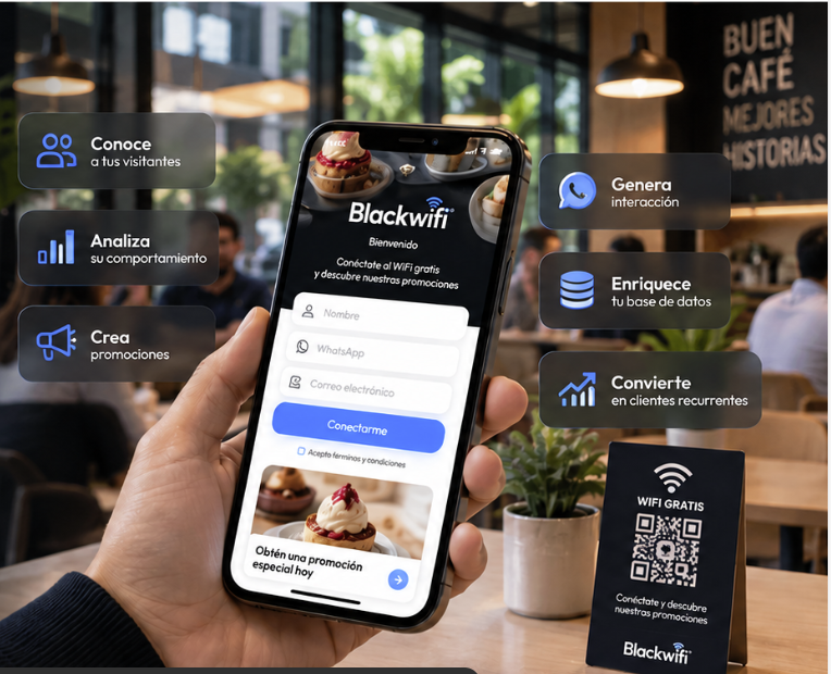 Una mano sostiene un teléfono inteligente que muestra el ícono de Wi-Fi en una acogedora cafetería.