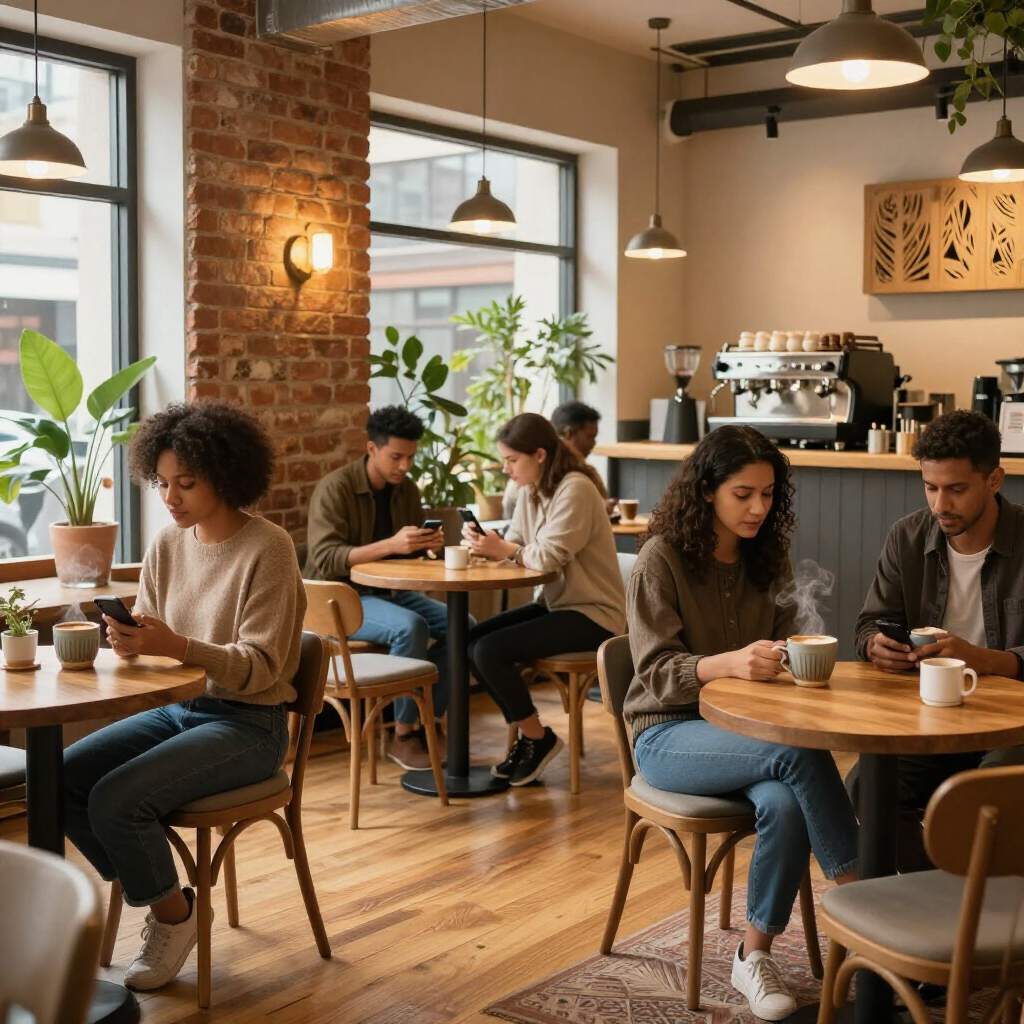 Gente sentada en mesas de madera en un acogedor café con paredes de ladrillo y luces colgantes.