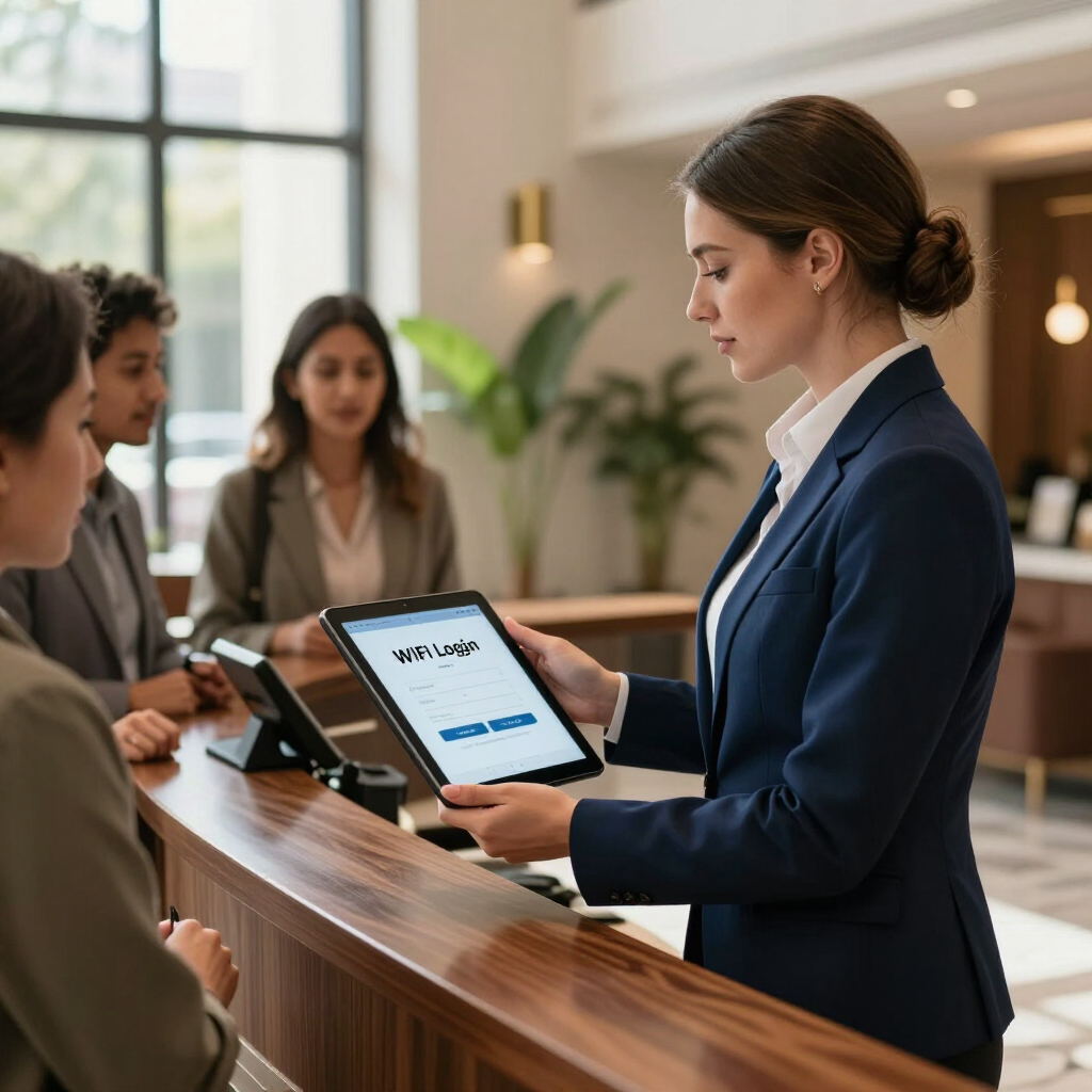 Cajero de banco atendiendo a clientes en un mostrador, sosteniendo una tableta con un formulario digital en pantalla.