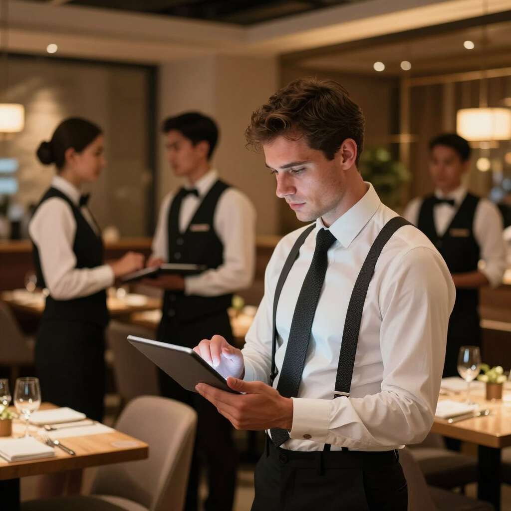 Un camarero toma nota de un pedido en una tableta en un restaurante elegante, con personal sirviendo mesas al fondo.