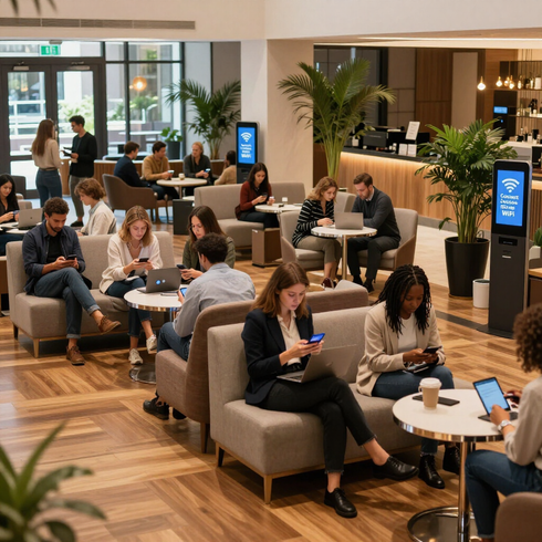 Gente trabajando y relajándose en un moderno espacio de coworking abierto con sofás, mesas y ordenadores portátiles.