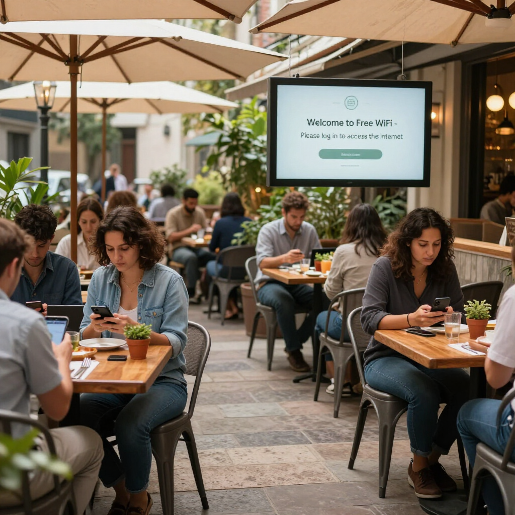 Cafetería al aire libre con gente usando ordenadores portátiles y una pantalla que dice