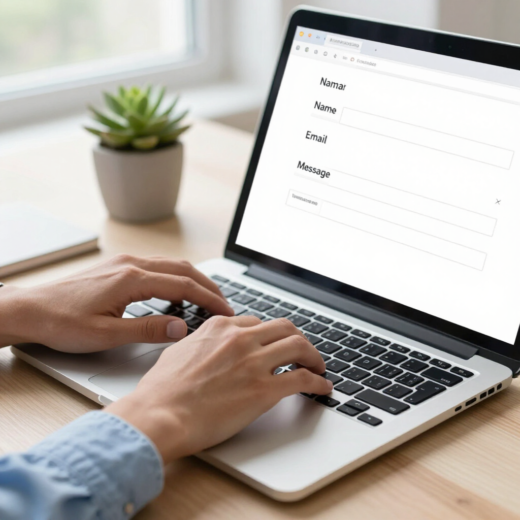 Manos tecleando en un portátil con un formulario web abierto junto a una pequeña planta en maceta sobre un escritorio.