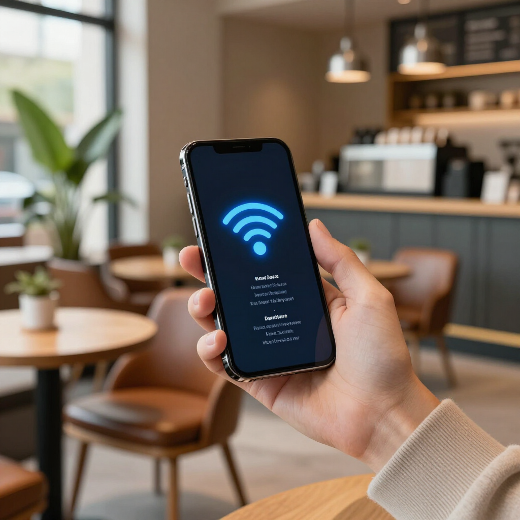 Una mano sostiene un teléfono inteligente que muestra el ícono de Wi-Fi en una acogedora cafetería.